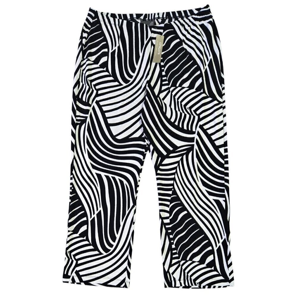 Chico's Travelers NWT Black White Abstract Swirl Pull On No Tummy Pants PETITE